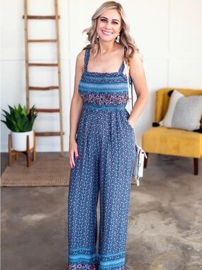 Smocked Square-Neck Wide-Leg Jumpsuit in Navy Floral